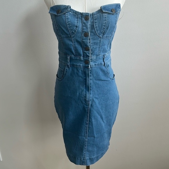Y2K Haute Monde Women’s Strapless Blue Denim Mini Form Fitting Button Up Dress L - Picture 1 of 10